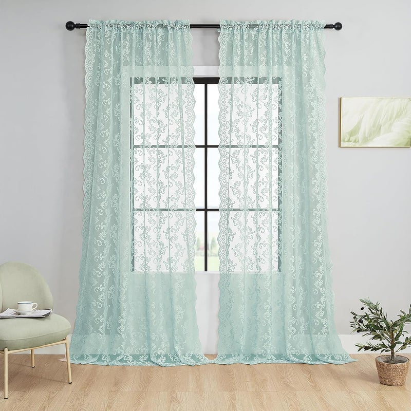 FOLKSIDE Pastel Turquoise Lace Curtains 84 Inches Long 2 Panels Modern Paisley Lace Curtains for Living Room Bedroom Rod Pocket Light Filtering French Window Drapes Western Sea Aqua Ocean Beach Decor, 52x84 - Image 2